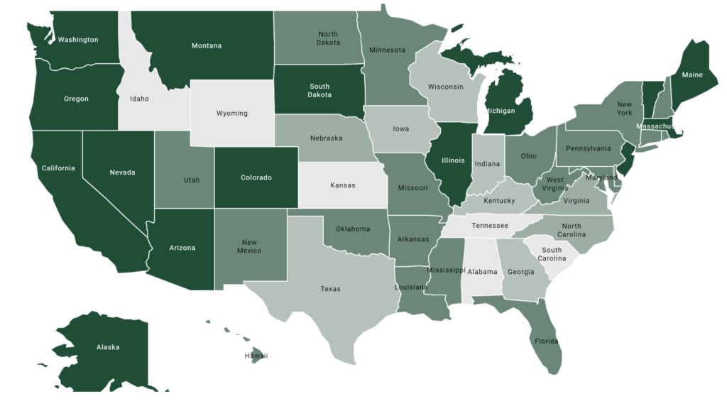 map showing where cannabis is legal for recreational and medical purposes