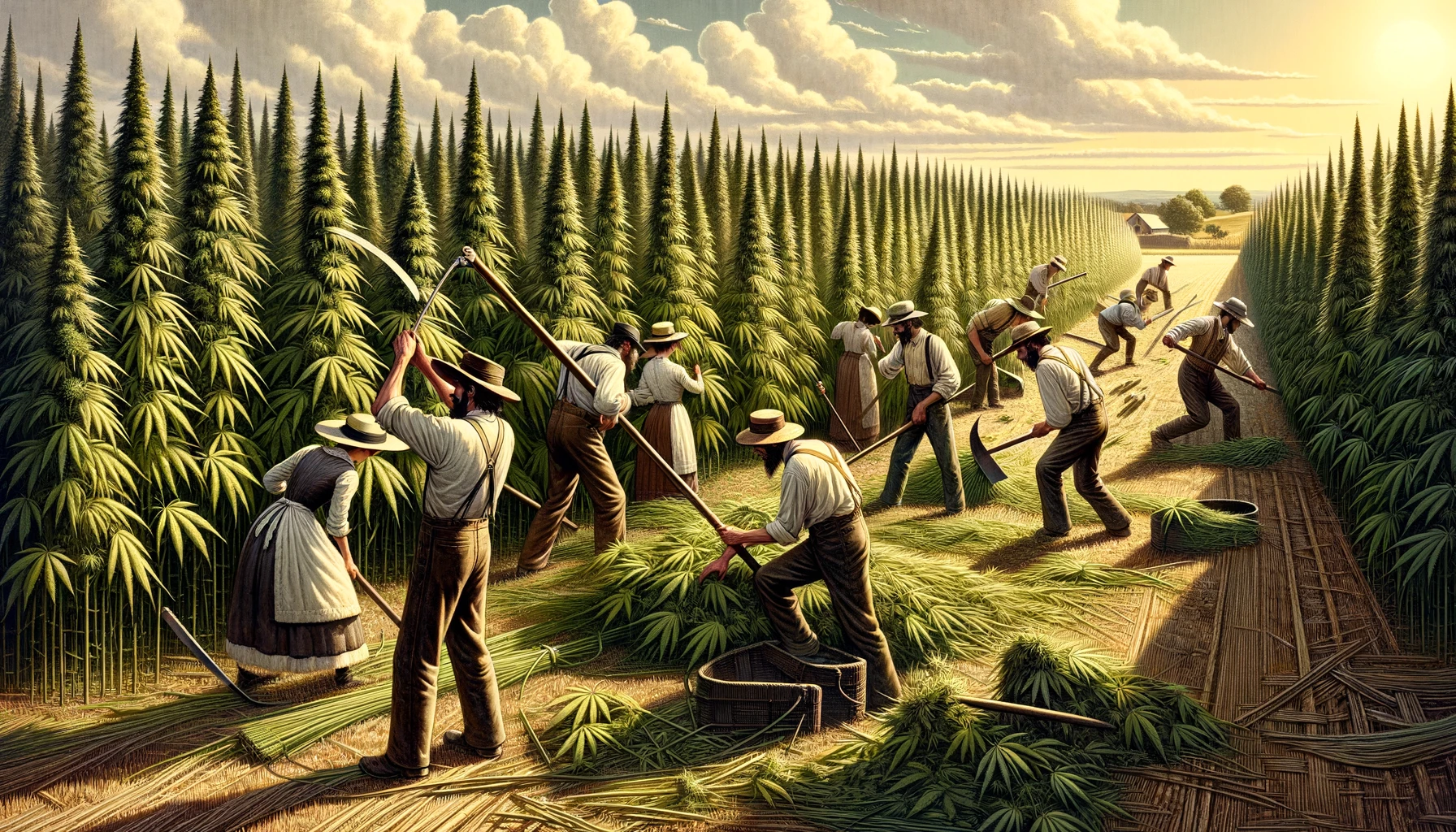 1800s farmers harvesting hemp.