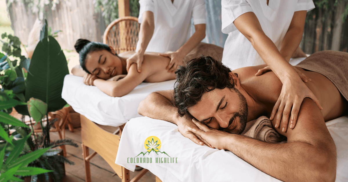 couple getting a relaxing cannabis oil infused massage in a garden of cannabis