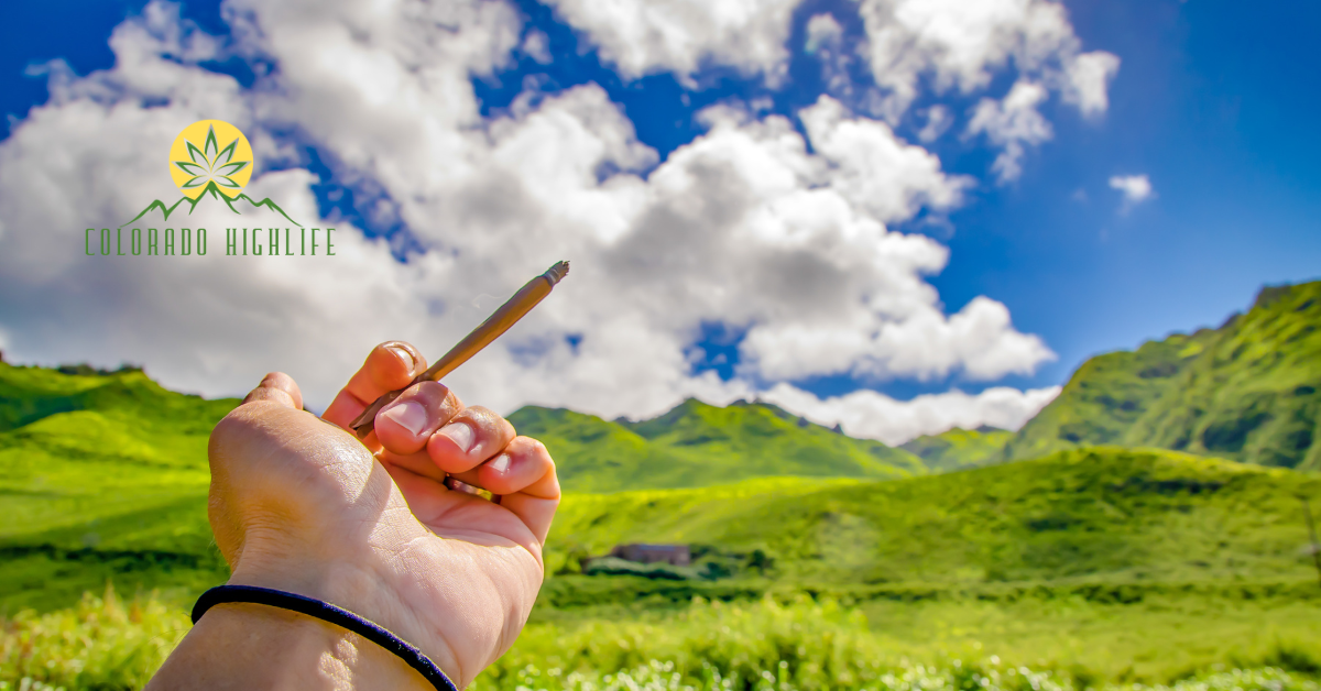 hand holding a cannabis joint in front of a hill
