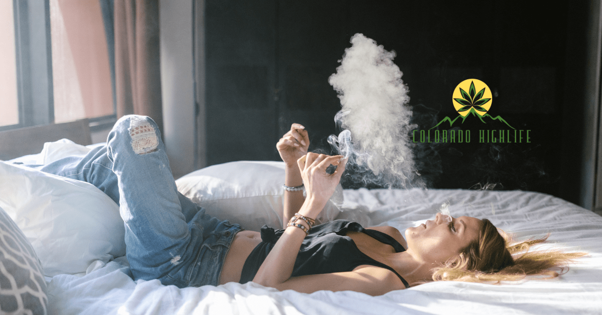 cannabis friendly lodging in aspen woman smoking on bed