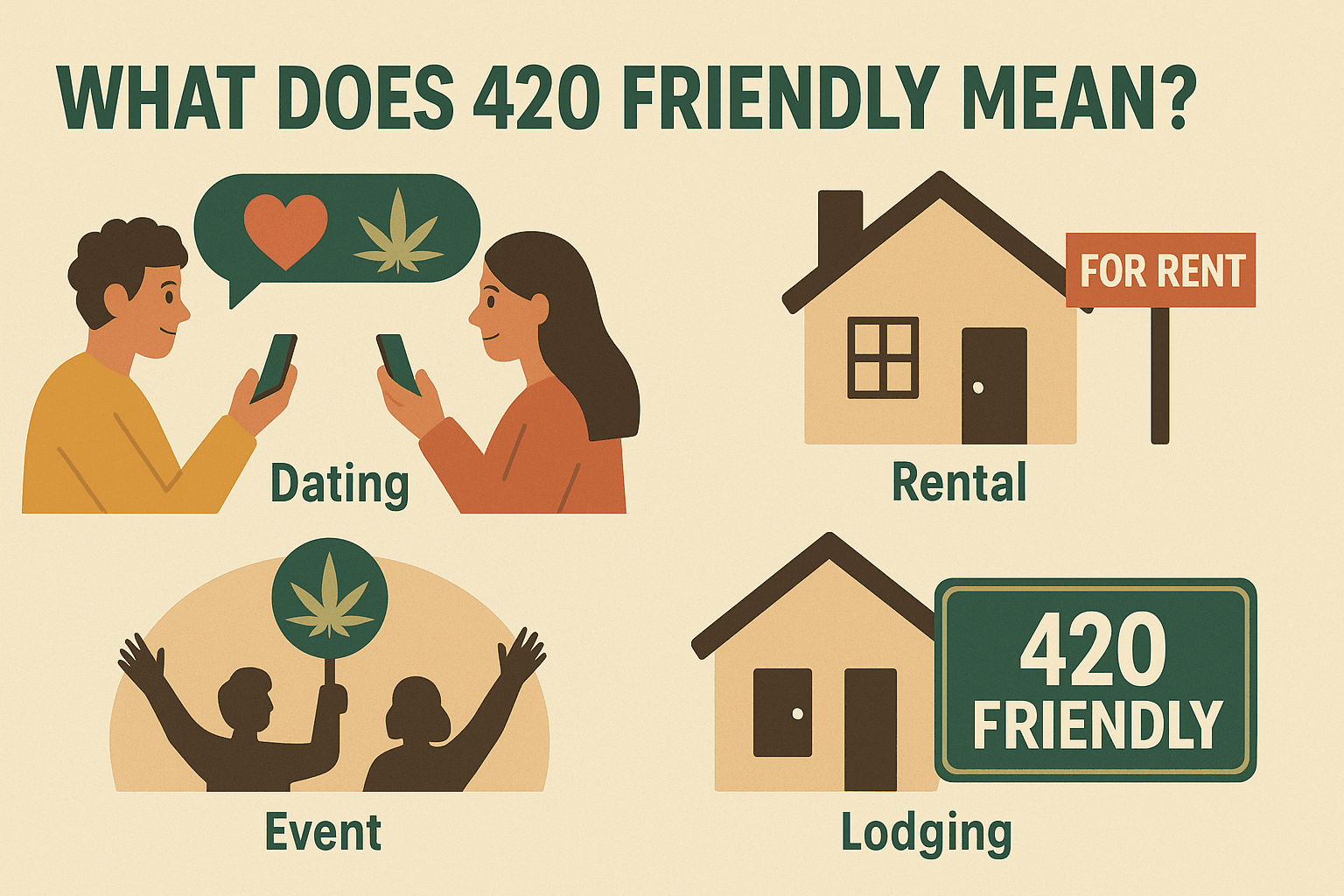 image shows What Does 420 Friendly Mean?  and four meanings dating rentals events lodging