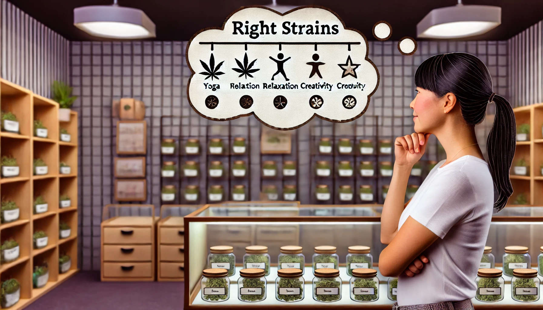 woman thinking about what strain of cannabis is right for her day