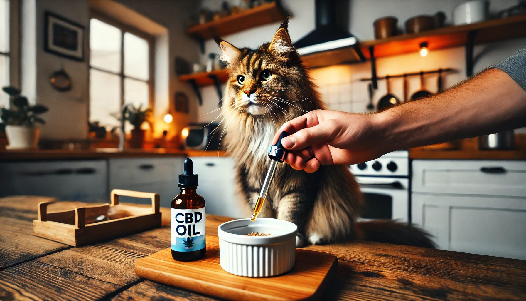  Maine Coon cat sitting near a bowl of food, with a hand holding a dropper above the bowl, adding CBD oil to the cat's food