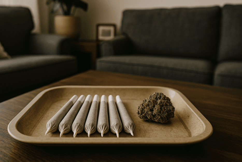 table with a tray of cbd pre rolls